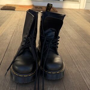 Dr. Martens Black Lace-Up Platform Combat Boots with Yellow Stitching